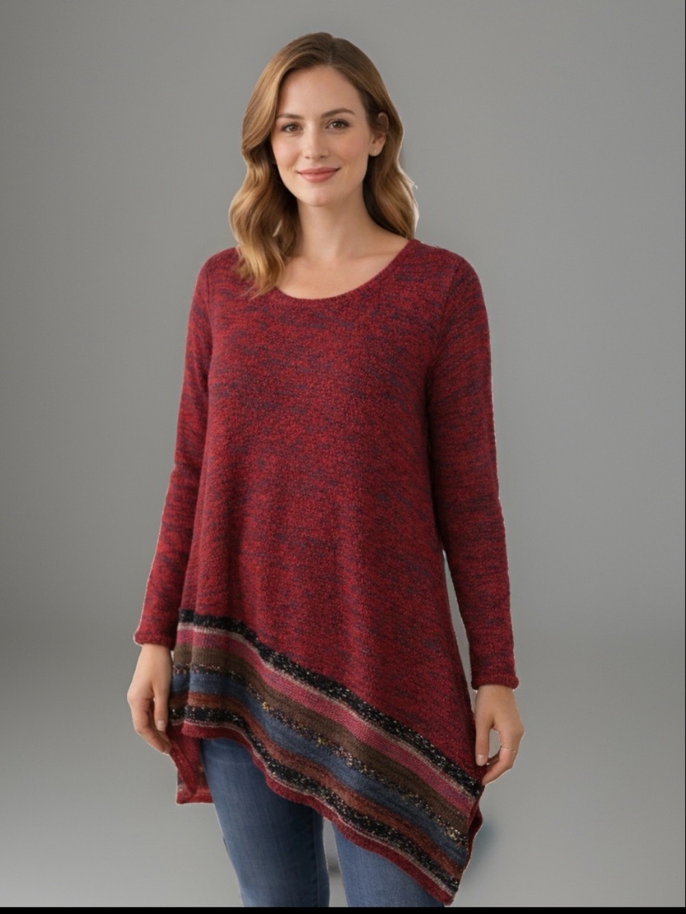 Soft Surroundings 1X Plus Size Sweater Tunic Red Multi Texture Hem Casual Knit